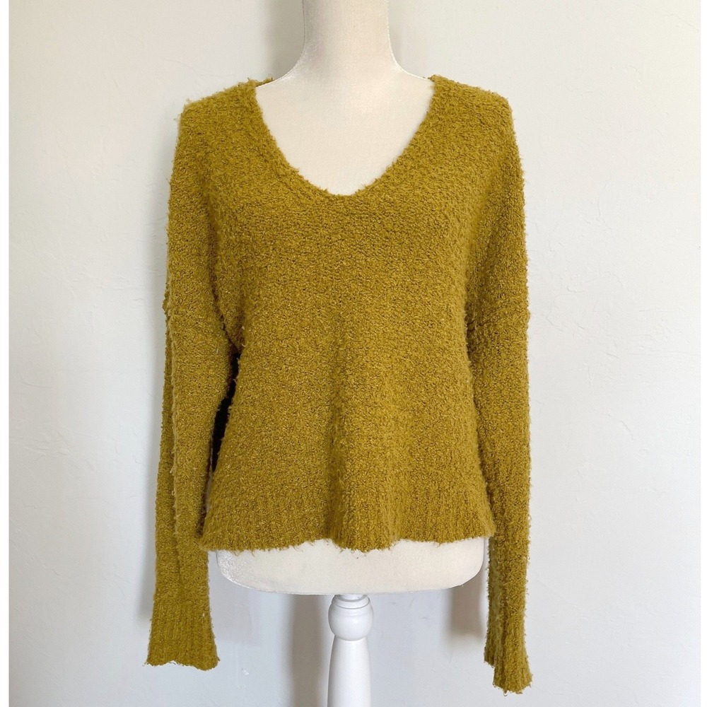 Free People Mustard V Neck Sweater Relaxed Knit Boho Cozy Slouchy Oversized S